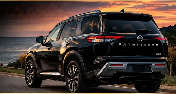Black Nissan Pathfinder on a coastal road at sunset